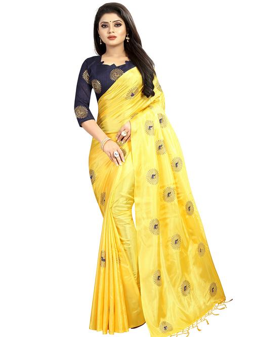 yellow silk blend embroidered saree with blouse - 16334126 - Very Small Image - 1