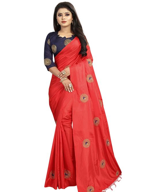 red silk blend embroidered saree with blouse - 16334127 - Very Small Image - 1