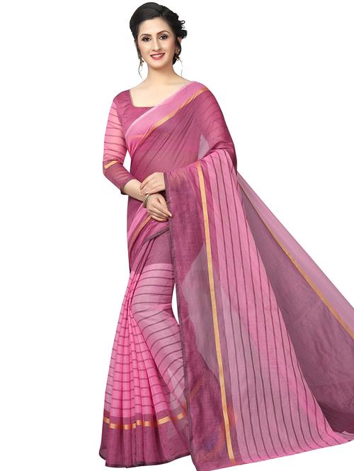 striped plain saree with blouse - 16334144 - Very Small Image - 1