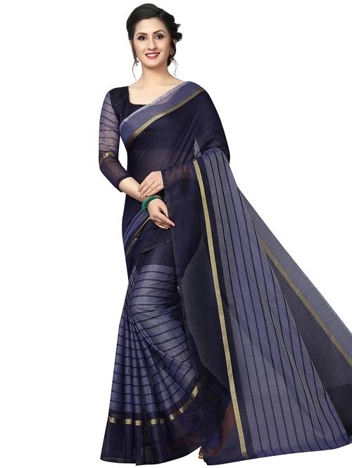 striped plain saree with blouse - 16334149 - Very Small Image - 1