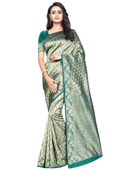 turquoise silk blend saree with blouse - 16334164 - Very Small Image - 1