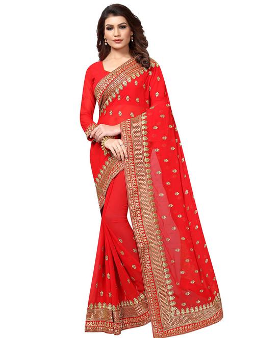 red georgette embroidered saree with blouse - 16334242 - Very Small Image - 1