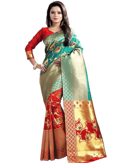 turquoise silk blend printed saree with blouse - 16334340 - Very Small Image - 1