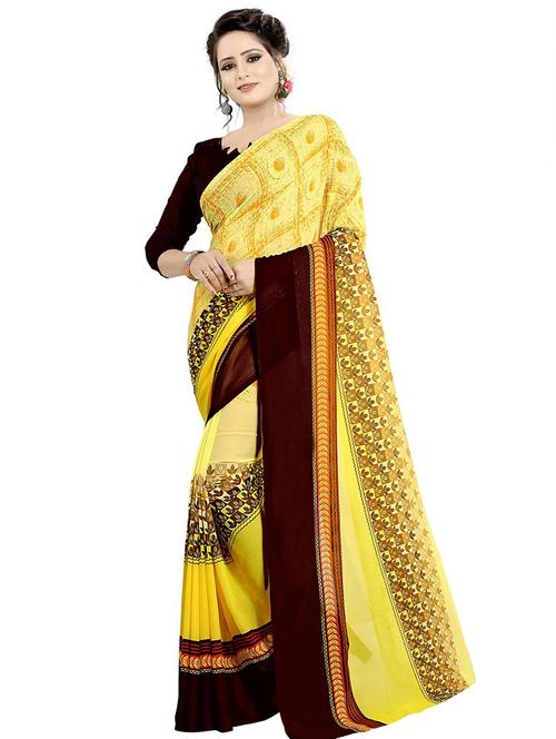 yellow georgette printed saree with blouse - 16334378 - Very Small Image - 1