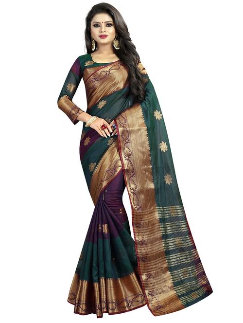 turquoise cotton silk printed saree with blouse - 16334390 - Very Small Image - 1