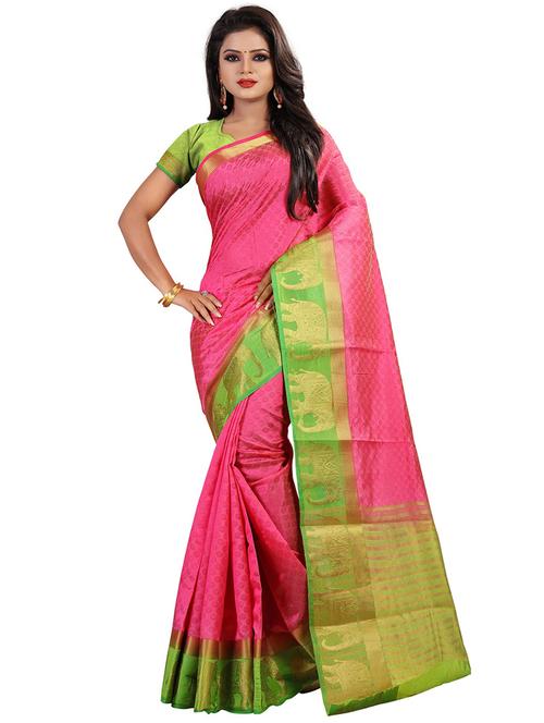 solid bordered woven saree with blouse - 16334419 - Very Small Image - 1