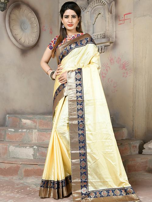 solid bordered plain saree with blouse - 16334525 - Very Small Image - 1