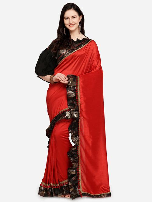 solid ruffle border saree with blouse - 16336420 - Very Small Image - 1