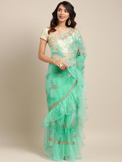 pastel embroidered ruffle saree with blouse - 16336424 - Very Small Image - 1