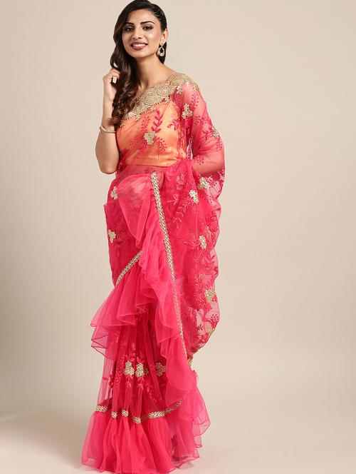 pastel embroidered ruffle saree with blouse - 16336428 - Very Small Image - 1