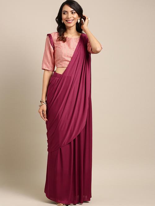 solid drape fusion saree with blouse - 16336434 - Very Small Image - 1