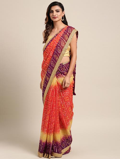 contrast border bandhani saree with blouse - 16336438 - Very Small Image - 1