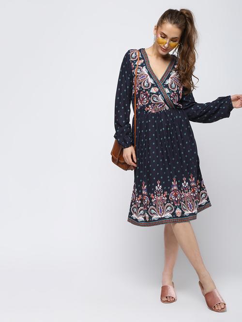 overlap neck floral a-line dress - 16336451 - Very Small Image - 1
