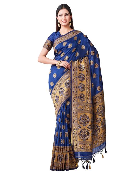 navy art silk kanjivaram saree with blouse - 16338113 - Very Small Image - 1