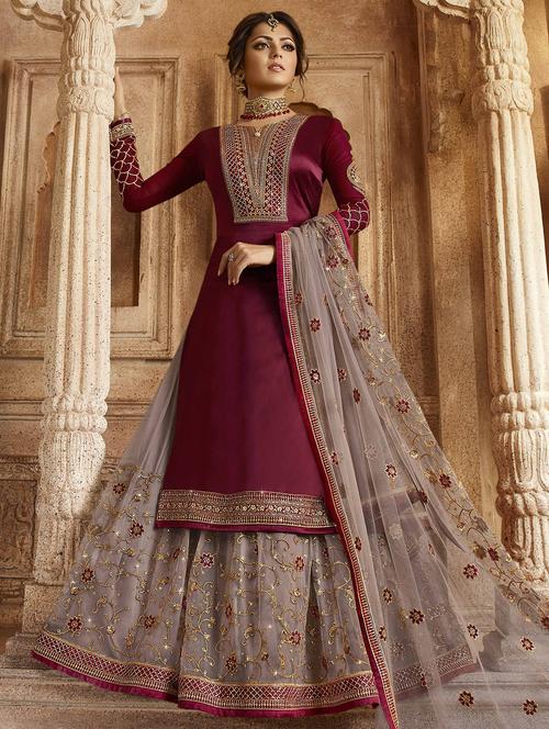 embroidered semi-stitched kurta skirt suit - 16340901 - Very Small Image - 1