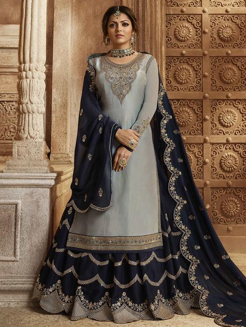 embroidered semi-stitched kurta skirt suit - 16340907 - Very Small Image - 1