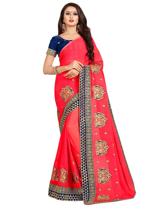 contrast border embroidered saree with blouse - 16341577 - Very Small Image - 1