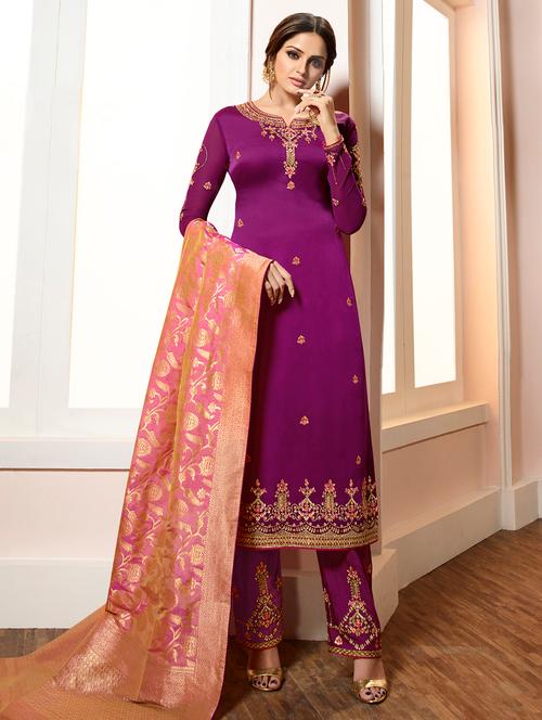 embroidered unstitched straight pant suit - 16344832 - Very Small Image - 1
