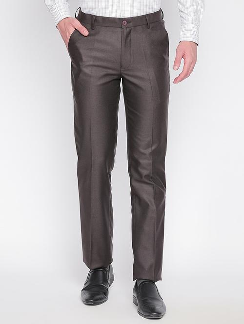 brown solid flat front formal trousers - 16346939 - Very Small Image - 1