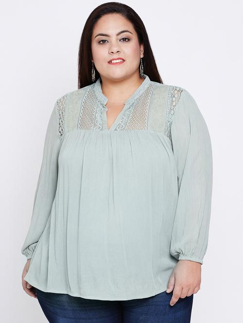 lace detail mandarin neck plus top - 16348933 - Very Small Image - 1