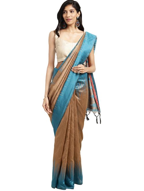 contrast temple border woven saree with blouse - 16349552 - Very Small Image - 1