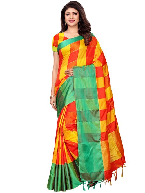 contrast checkered woven saree with blouse - 16353456 - Very Small Image - 1