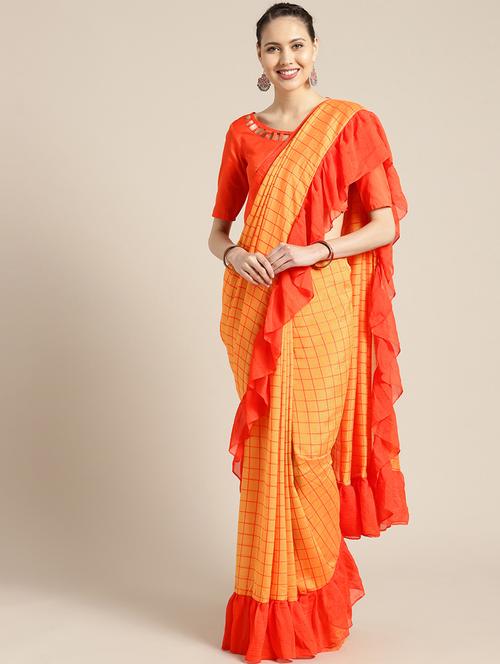 checkered ruffled saree with blouse - 16353594 - Very Small Image - 1