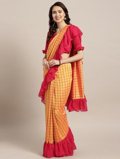 checkered ruffled saree with blouse - 16353596 - Very Small Image - 1