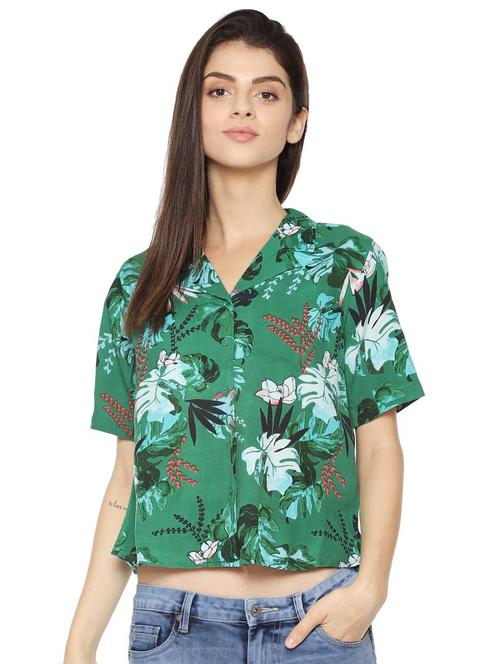 lapel neck tropical print crop shirt - 16354944 - Very Small Image - 1