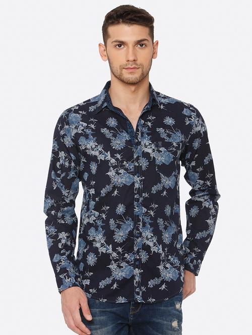navy blue floral print casual shirt - 16358139 - Very Small Image - 1