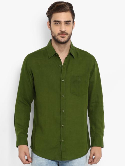 olive green solid linen casual shirt - 16358155 - Very Small Image - 1