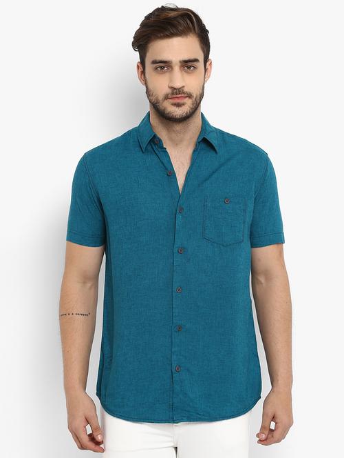 teal blue solid linen casual shirt - 16358173 - Very Small Image - 1