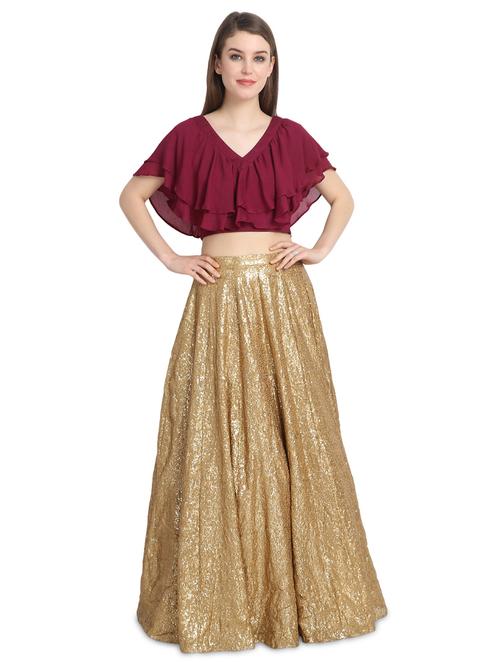 gold wine ruffle lehenga - 16358794 - Very Small Image - 1