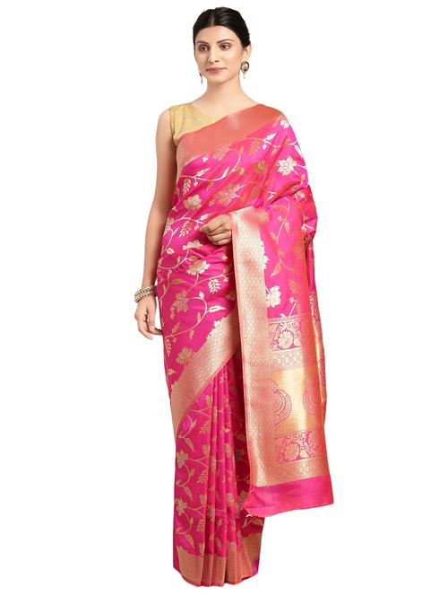 floral zari motif banarasi saree with blouse - 16360498 - Very Small Image - 1