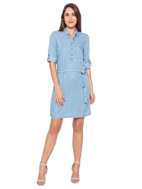 roll up sleeved tie front denim dress - 16360730 - Very Small Image - 1