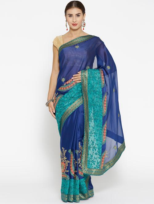 contrast embroidered saree with blouse - 16361951 - Very Small Image - 1