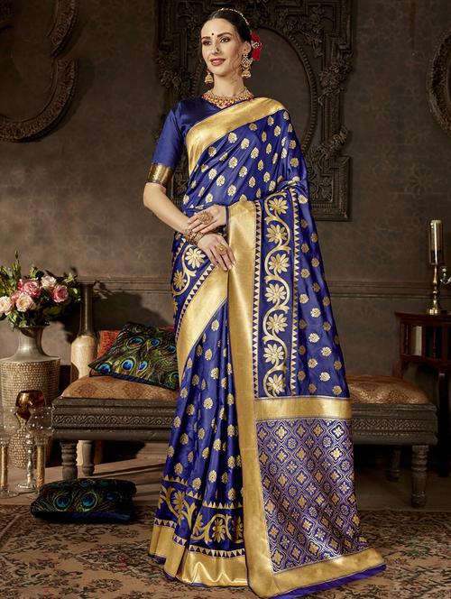 floral zari motif banarasi saree with blouse - 16362261 - Very Small Image - 1