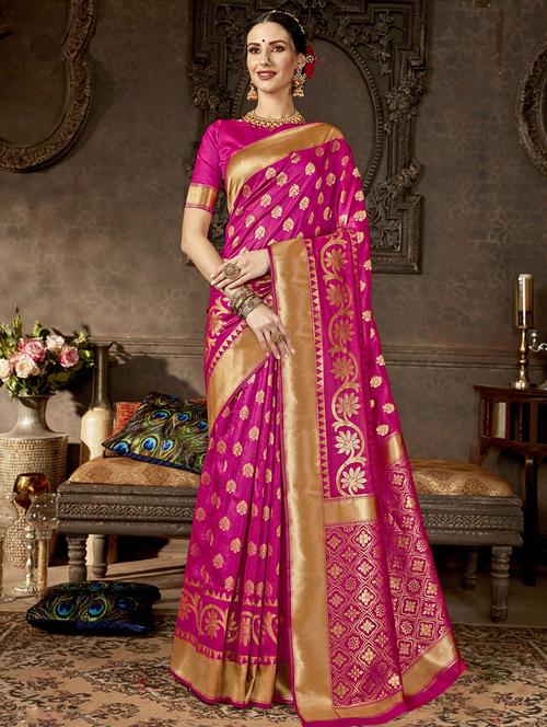 floral zari motif banarasi saree with blouse - 16362263 - Very Small Image - 1