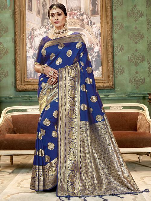 floral zari motif banarasi saree with blouse - 16362270 - Very Small Image - 1
