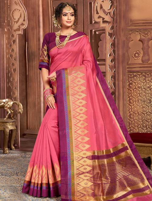 solid bordered woven saree with blouse - 16362279 - Very Small Image - 1