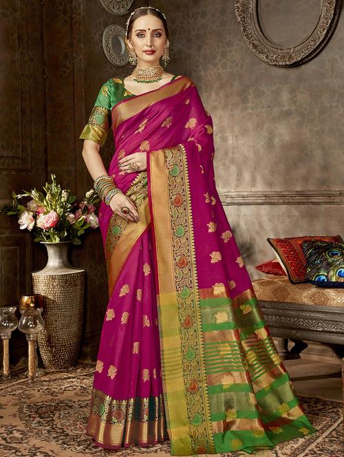 floral zari motif banarasi saree with blouse - 16362301 - Very Small Image - 1