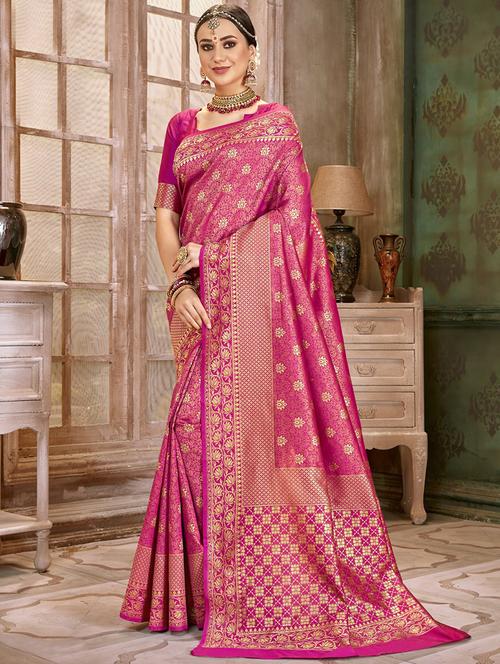 floral zari motif banarasi saree with blouse - 16362304 - Very Small Image - 1