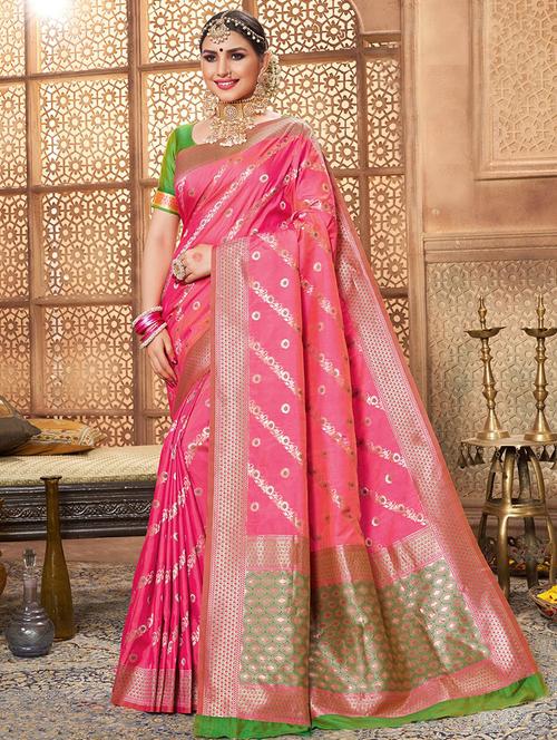 floral zari motif banarasi saree with blouse - 16362308 - Very Small Image - 1