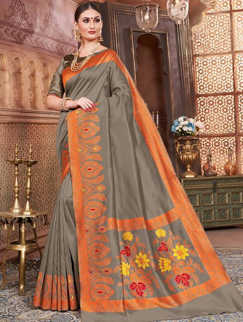 grey art silk printed saree with blouse - 16362309 - Very Small Image - 1