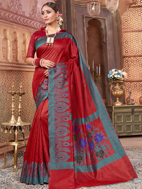 ethnic motif printed saree with blouse - 16362313 - Very Small Image - 1