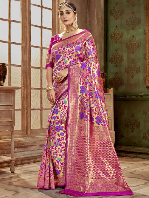 floral zari motif banarasi saree with blouse - 16362359 - Very Small Image - 1