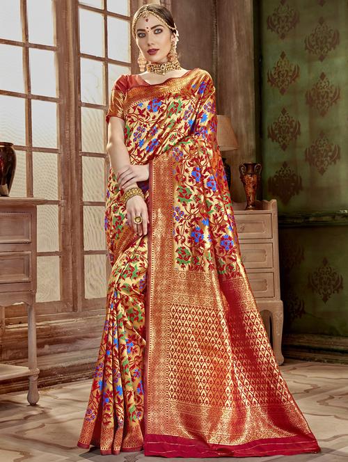 floral zari motif banarasi saree with blouse - 16362360 - Very Small Image - 1