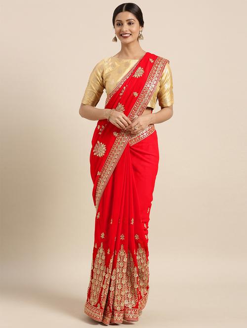 ethnic motif embroidered saree with blouse - 16362401 - Very Small Image - 1