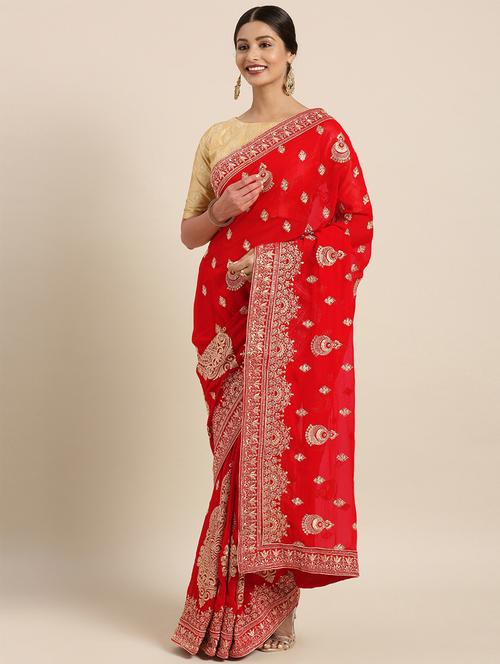 ethnic motif embroidered saree with blouse - 16362402 - Very Small Image - 1