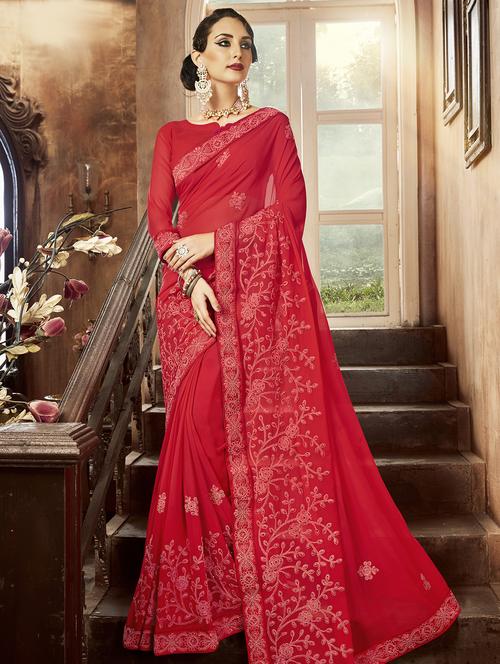 solid embroidered saree with blouse - 16362506 - Very Small Image - 1